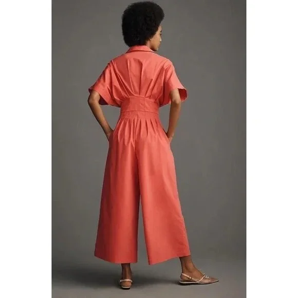 Anthropologie Exquise The Tobie Pleated Jumpsuit Bright Poppy Peach Small Petite - Picture 2 of 10